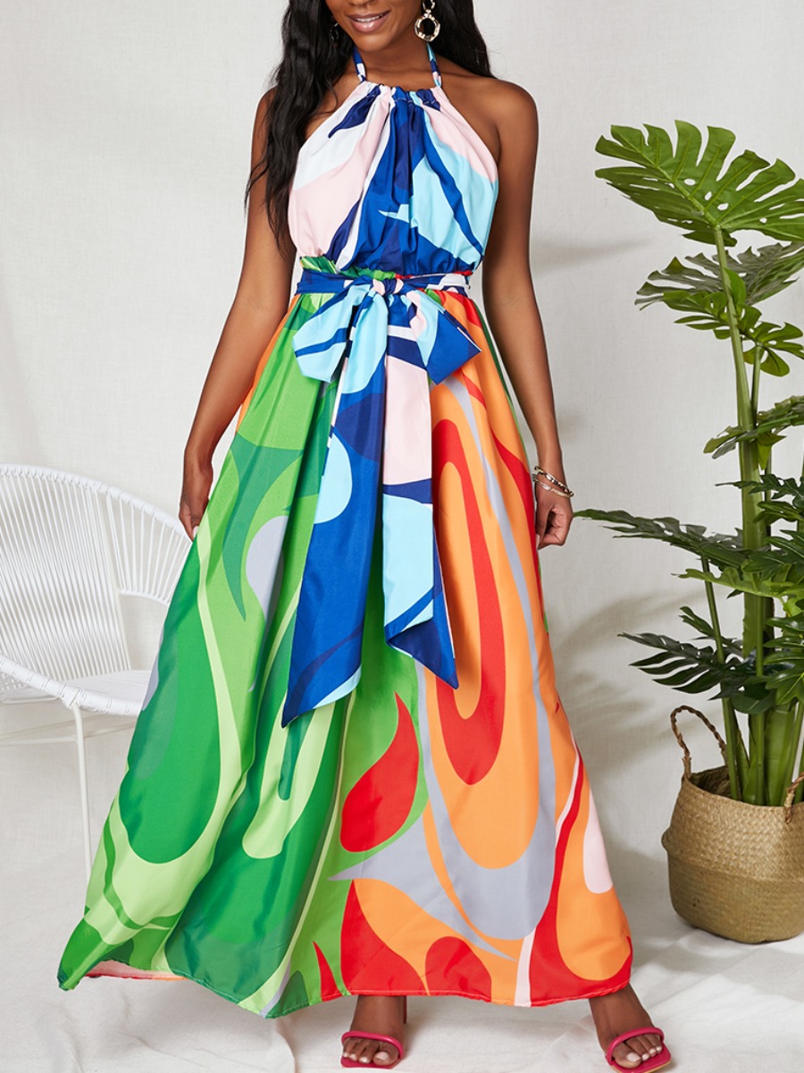 

Lovely Boho Print Backless Bandage Design Multicolor Ankle Length Dress, Multi