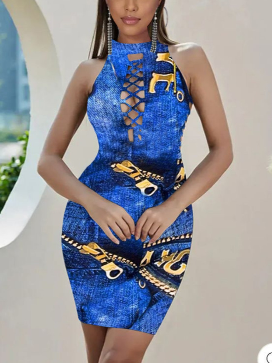 

LW Street Print Bandage Hollow-out Design Blue Mini Dress