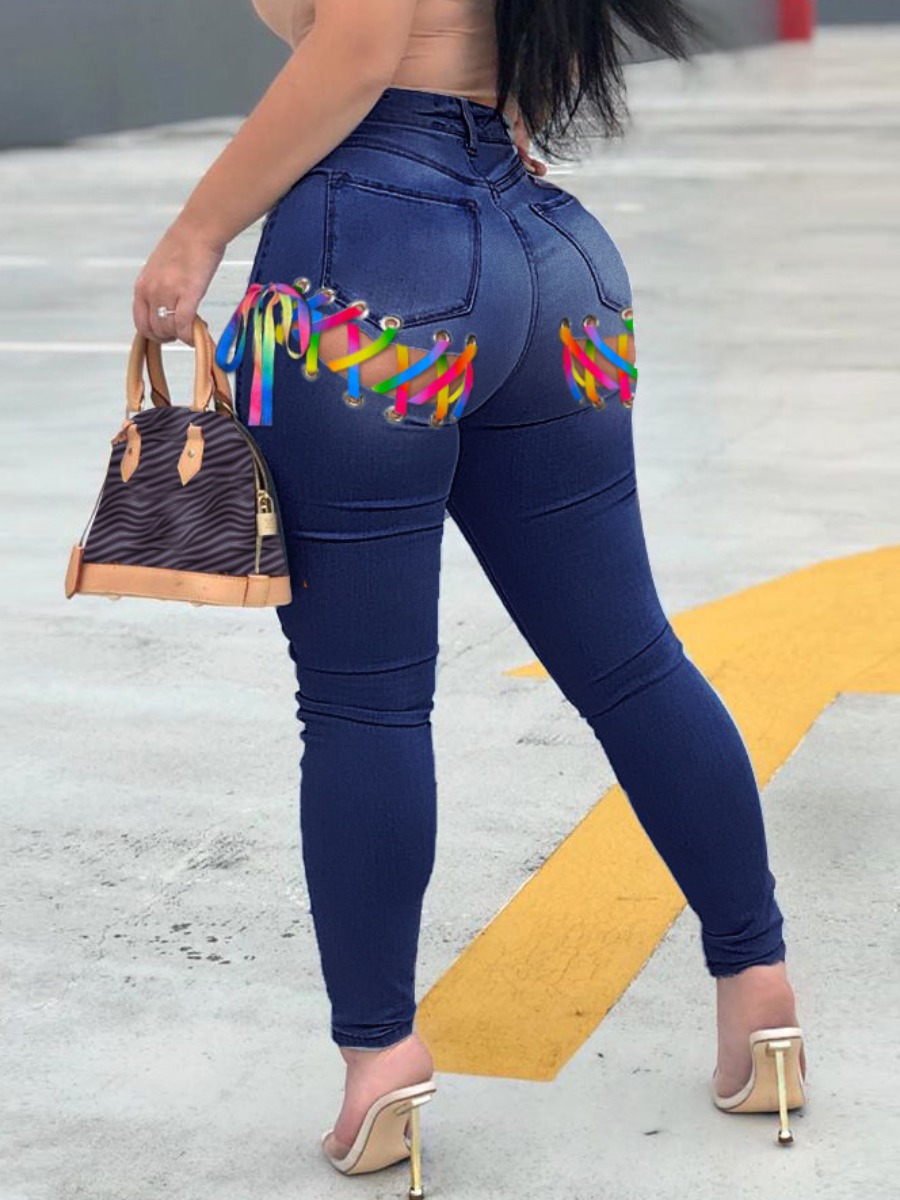 

Lovely Street Bandage Hollow-out Design Deep Blue Jeans