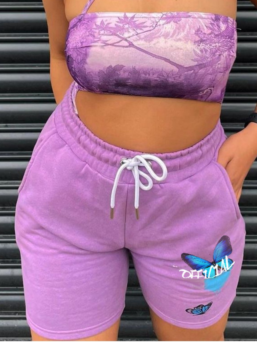 

Lovely Street Butterfly Print Drawstring Purple Shorts