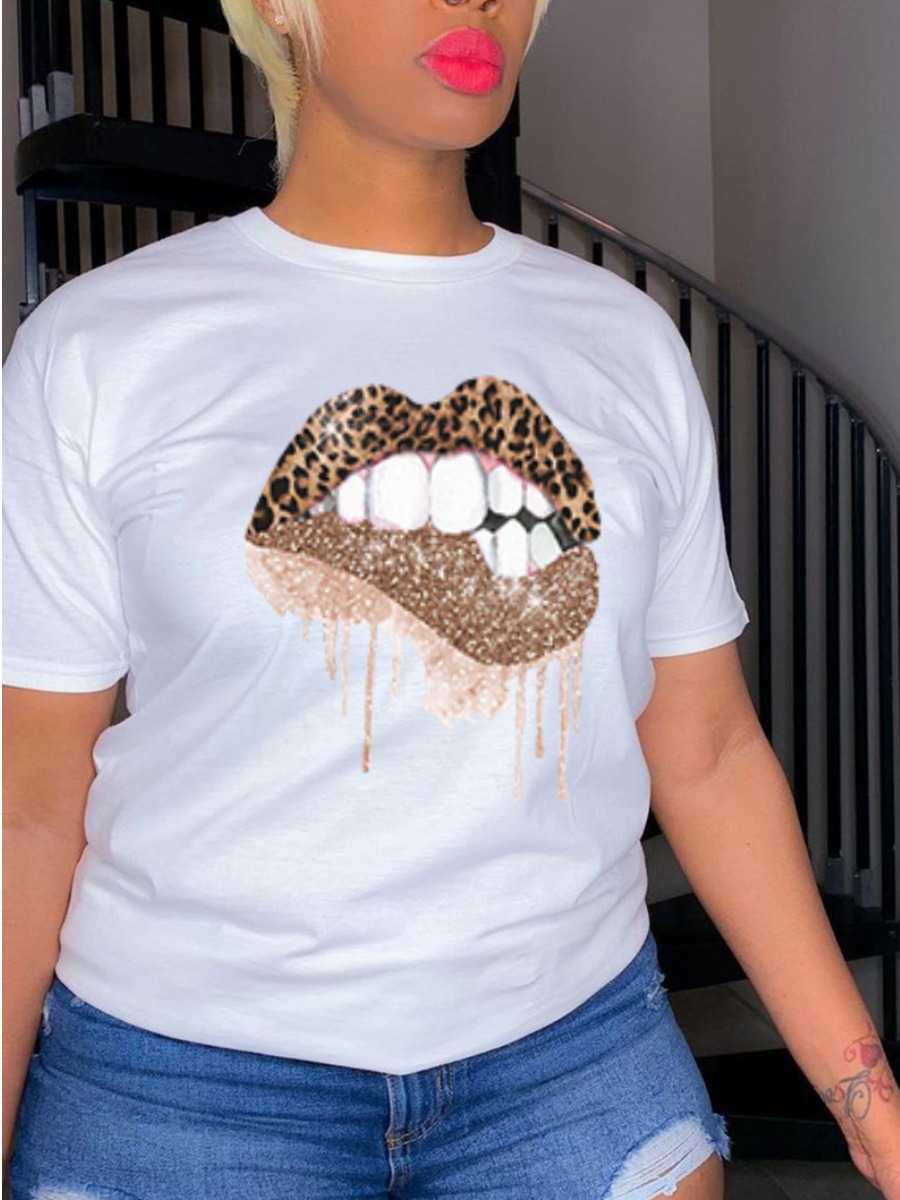 

Lovely Casual O Neck Lip Print White T-shirt