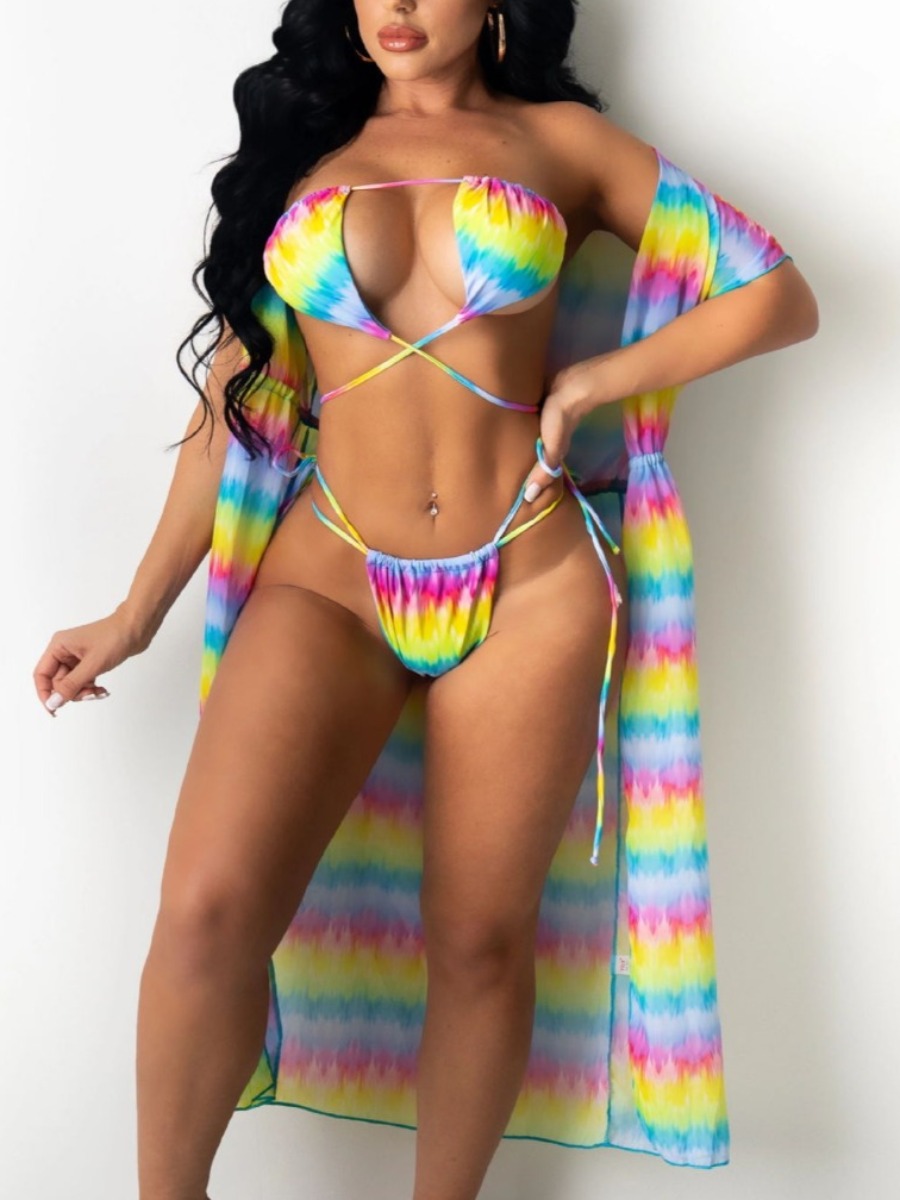 

Lovely Boho Tie-dye Bandage Design Yellow Three-piece Swimsuit
