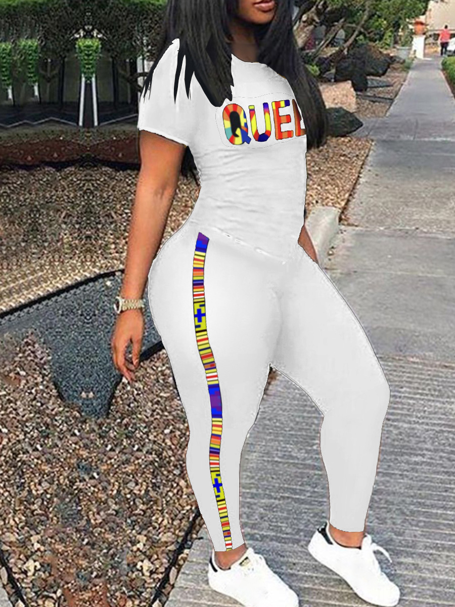

Lovely Plus Size Casual Letter Print Striped White Two-piece Pants Set