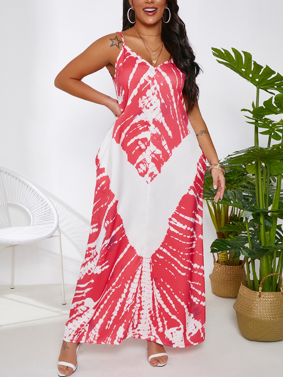 

Lovely Boho V Neck Tie-dye Pink Ankle Length A Line Dress