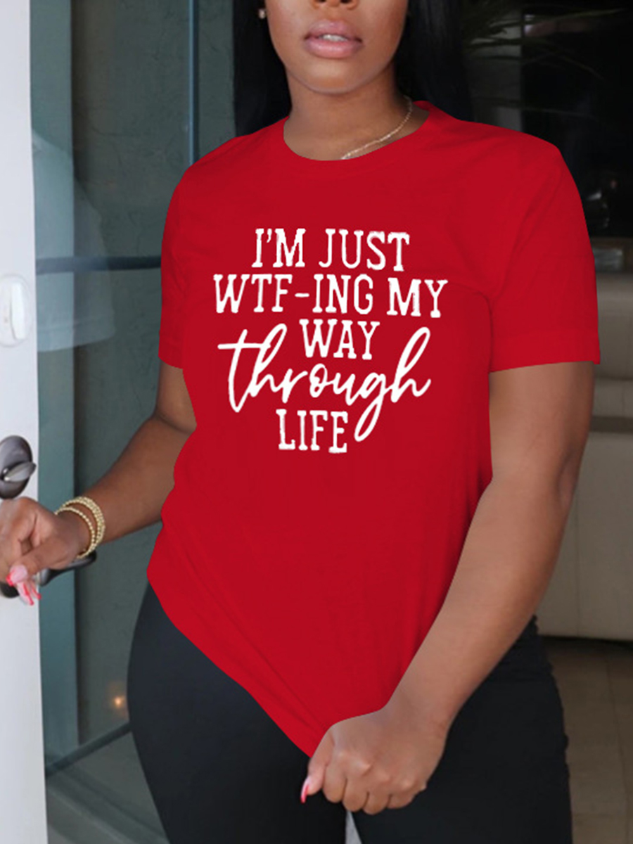 

Lovely Plus Size Casual O Neck Letter Print Red T-shirt