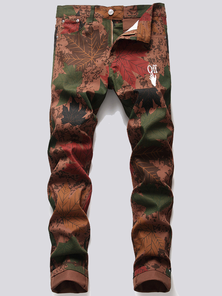 

Lovely Men Street Leaf Print Patchwork Multicolor Jeans, Multi