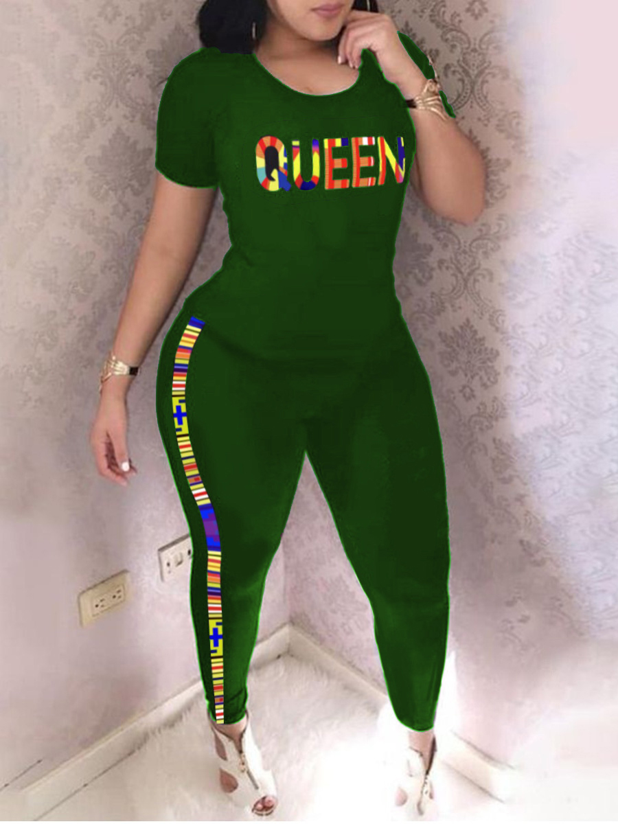 

Lovely Plus Size Casual Letter Print Striped Green Two-piece Pants Set