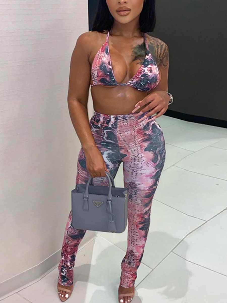 

LW SXY Animal Print Bandage Design Red Two Piece Pants Set