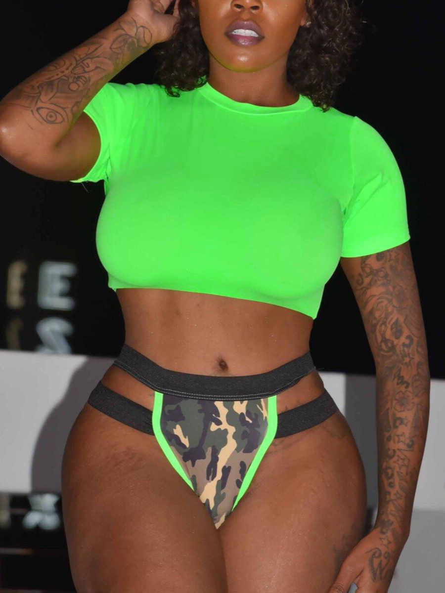 

Lovely Boho O Neck Camo Print Hollow-out Green Tankini