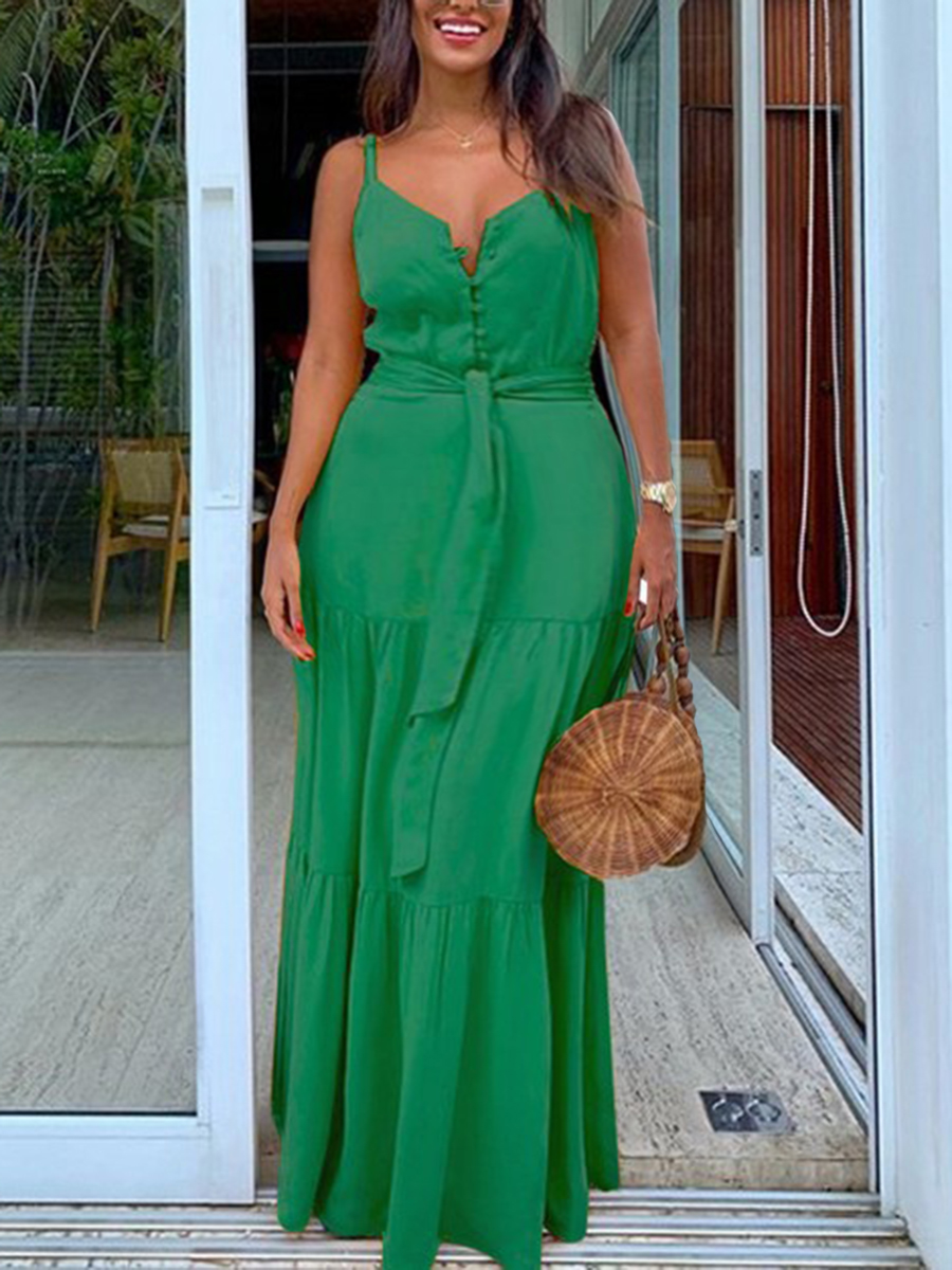 

Lovely Plus Size Sweet Bandage Ruffle Design Green Ankle Length Dress