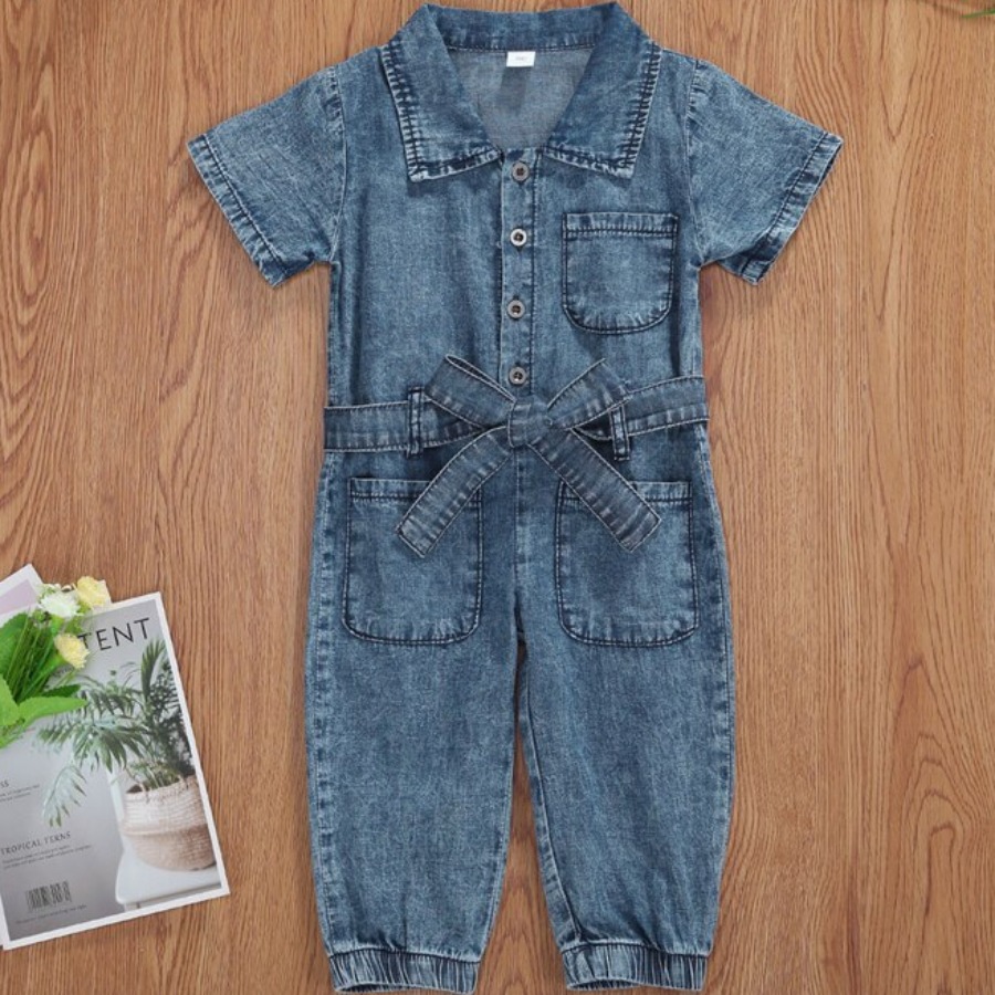 

Lovely Girl Casual Turndown Collar Bandage Design Blue One-piece Jumpsuit