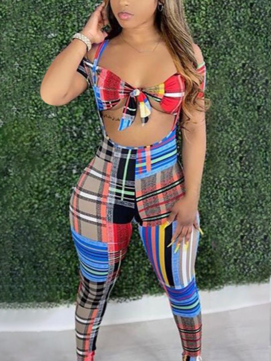 

Lovely Street Plaid Print Suspender Multicolor Two Piece Pants Set, Multi