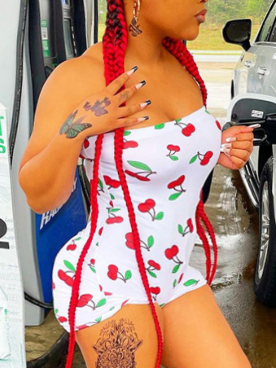 

Lovely Casual Off The Shoulder Fruit Print White One-piece Romper