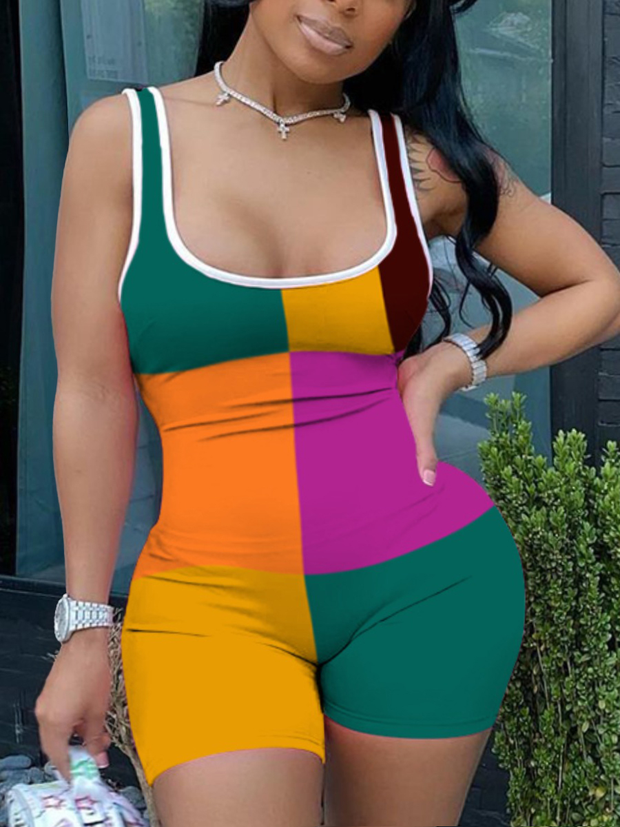 

Lovely Plus Size Casual U Neck Color-lump Multicolor One-piece Romper, Multicolor lattices