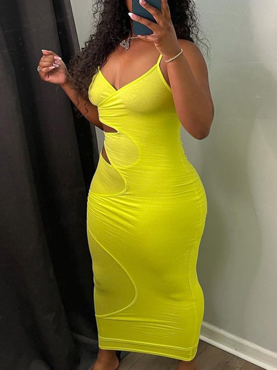 

Lovely Plus Size Street V Neck Hollow-out Yellow Ankle Length Dress
