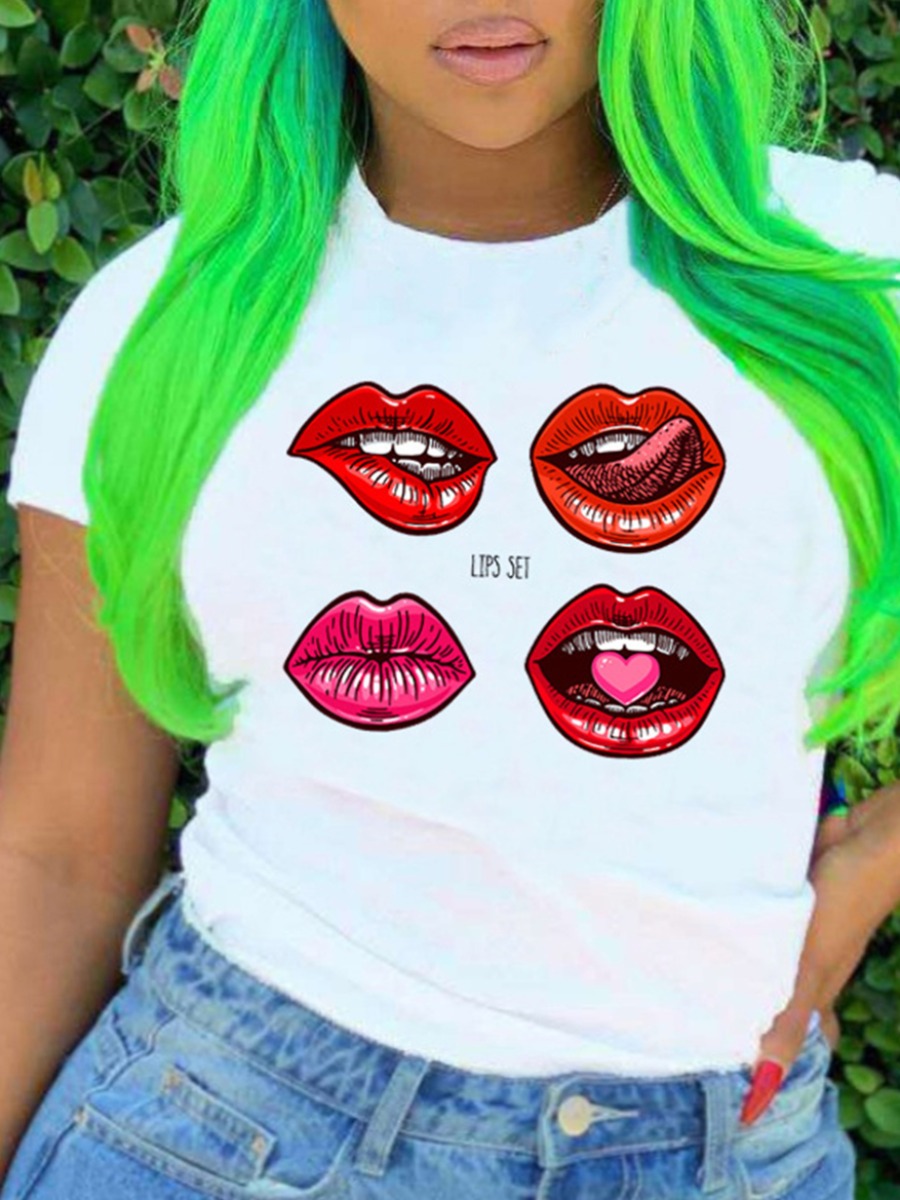 

Lovely Plus Size Street O Neck Lip Print Red T-shirt