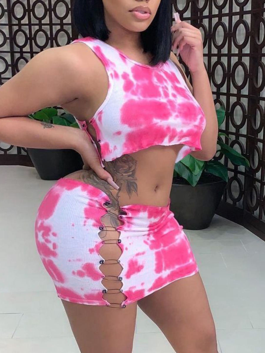 

Lovely Street Tie Dye Pin Hollow-out Design Rose Red Two Piece Skirt Set