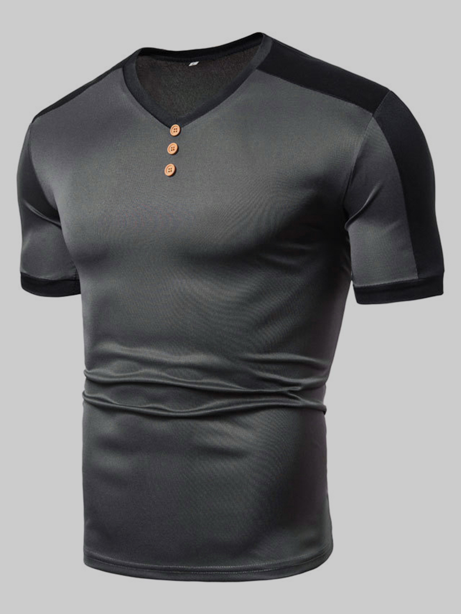 

Lovely Men Street V Neck Striped Button Design Grey T-shirt