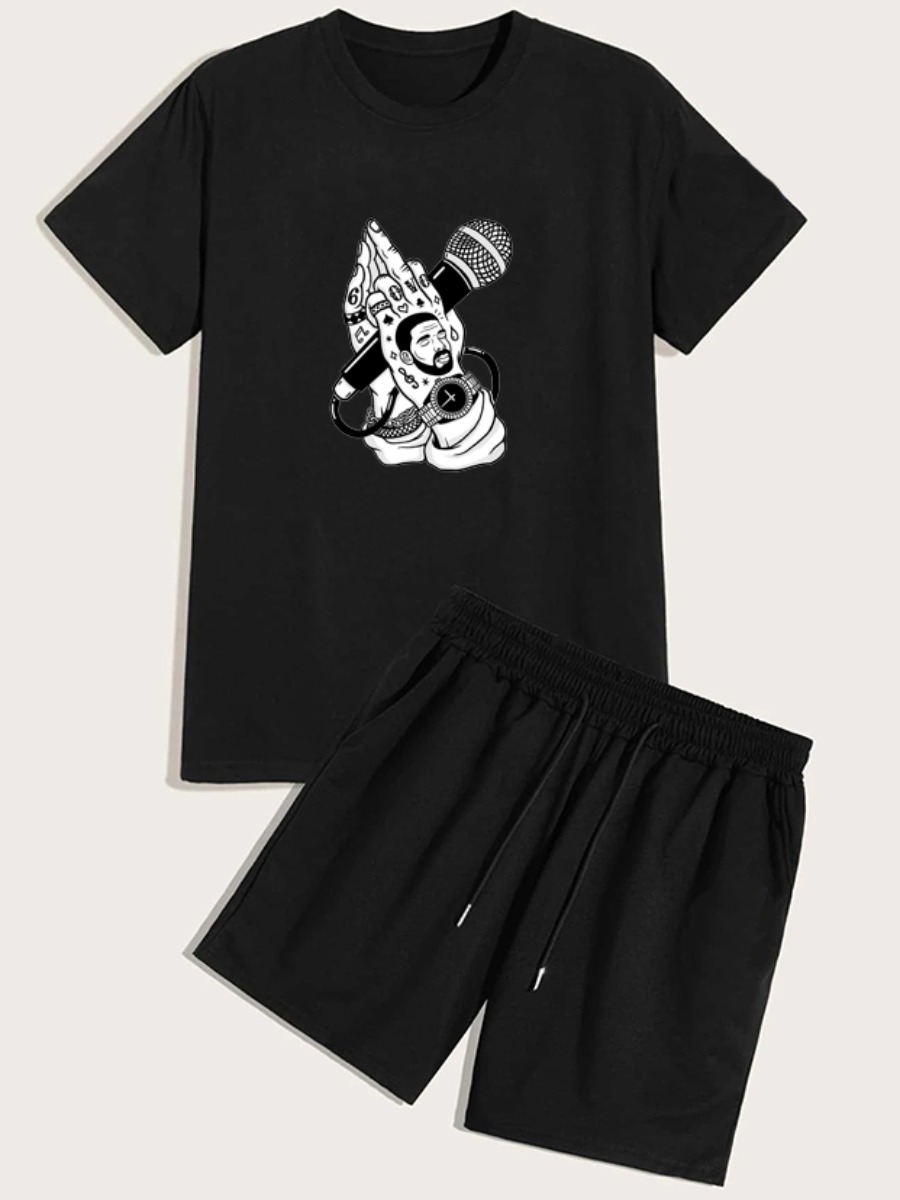 

Lovely Men Casual Graffiti Print Drawstring Black Two Piece Shorts Set