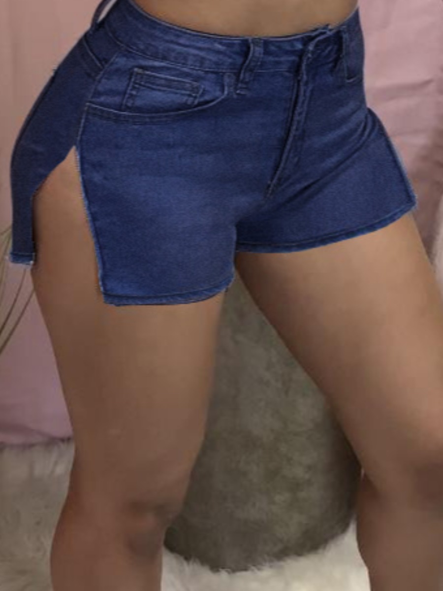 

Lovely Casual Mid Waist Split Deep Blue Denim Shorts