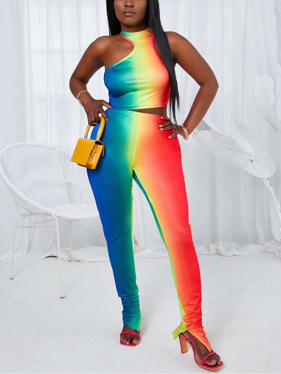 LW Sweet One Shoulder Gradient Multicolor Two Piece Pants Set