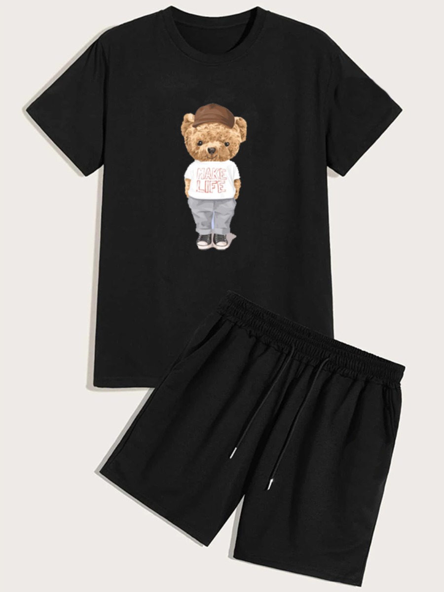 

Lovely Men Casual Cartoon Print Drawstring Black Two Piece Shorts Set