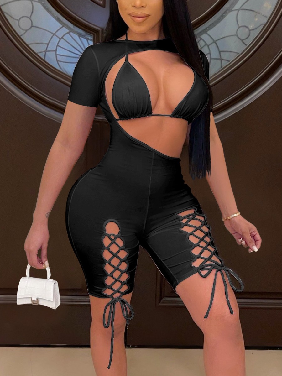

Lovely Sexy Bandage Hollow-out Design Black Two Piece Shorts Set