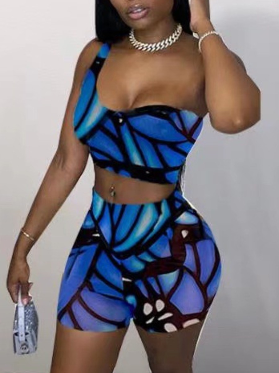 

Lovely Street One Shoulder Butterfly Print Blue Two Piece Shorts Set