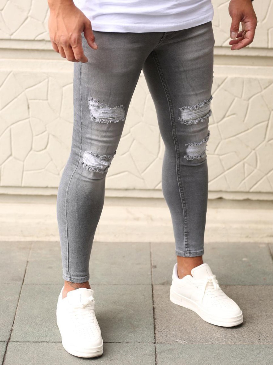 Lovely Men Street Mid Waist Ripped Grey Jeans