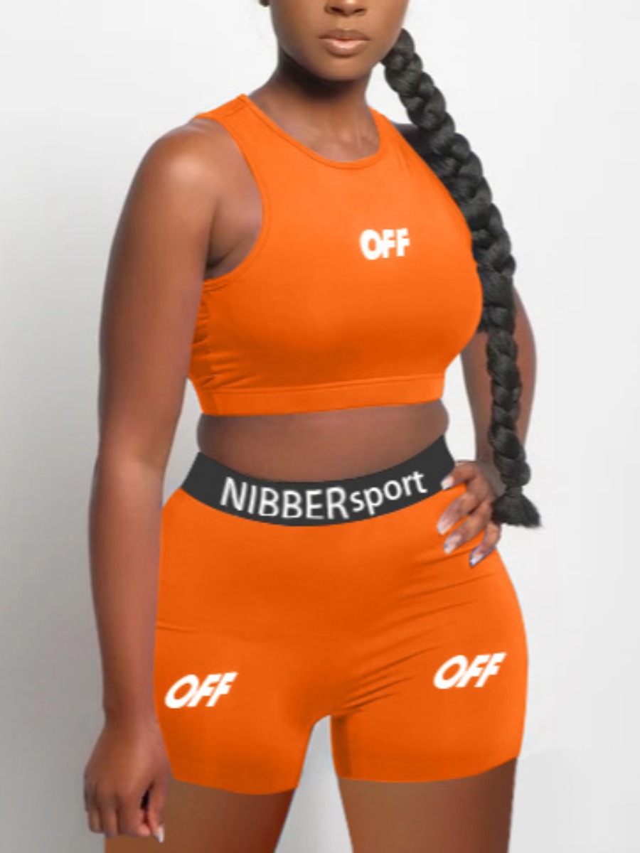 

Lovely Sporty O Neck Letter Print Croci Yoga Two Piece Shorts Set