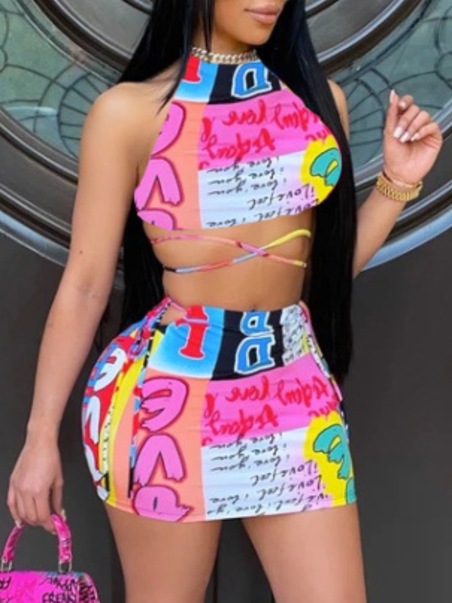 

Lovely Street Backless Letter Print Pink Two Piece Skirt Set