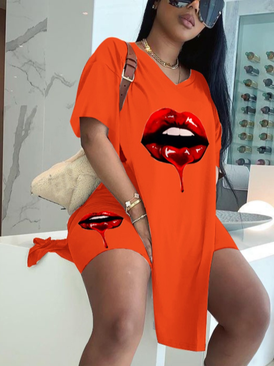

Lovely Casual Lip Print Split Jacinth Two Piece Shorts Set