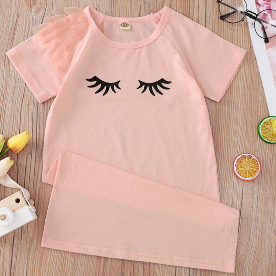 

Lovely Girl Casual Eyelash Print Mesh Flounce Design Pink Knee Length Dress
