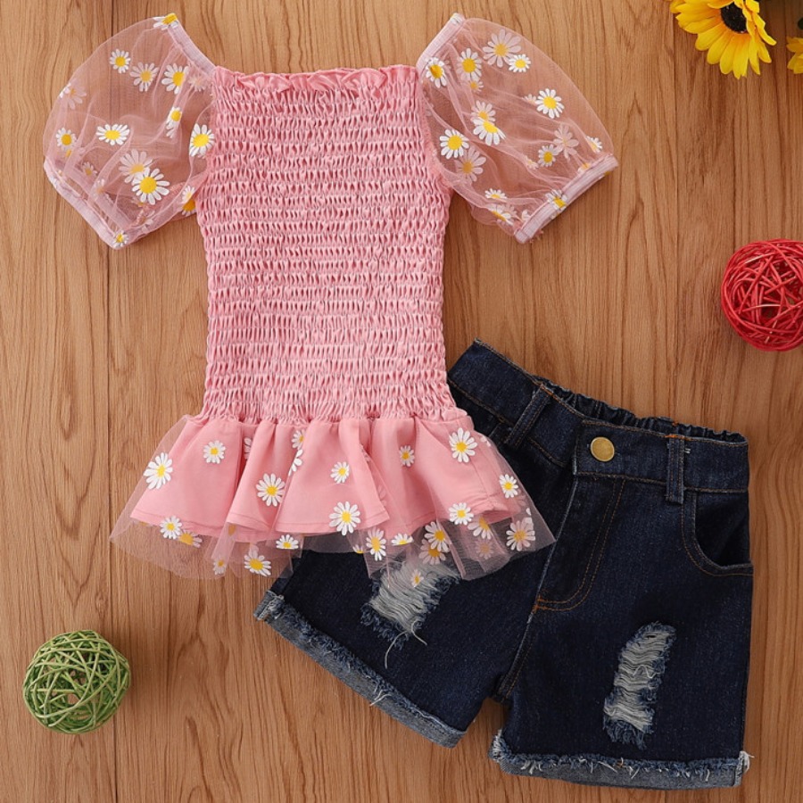 

Lovely Girl Sweet Floral Print Mesh Flounce Design Pink Two Piece Shorts Set