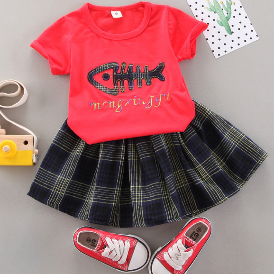 

Lovely Girl Casual Letter Plaid Print Flounce Design Red Two Piece Skirt Set