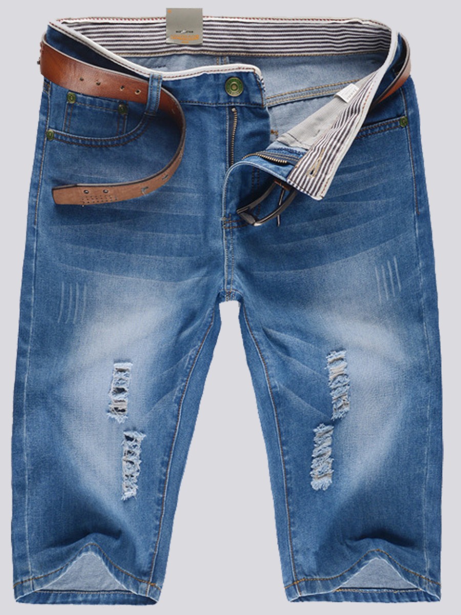 LovelyWholesale Men Casual Mid Waist Ripped Baby Blue Denim Shorts Summer Casual Ripped Spring Summer 2024