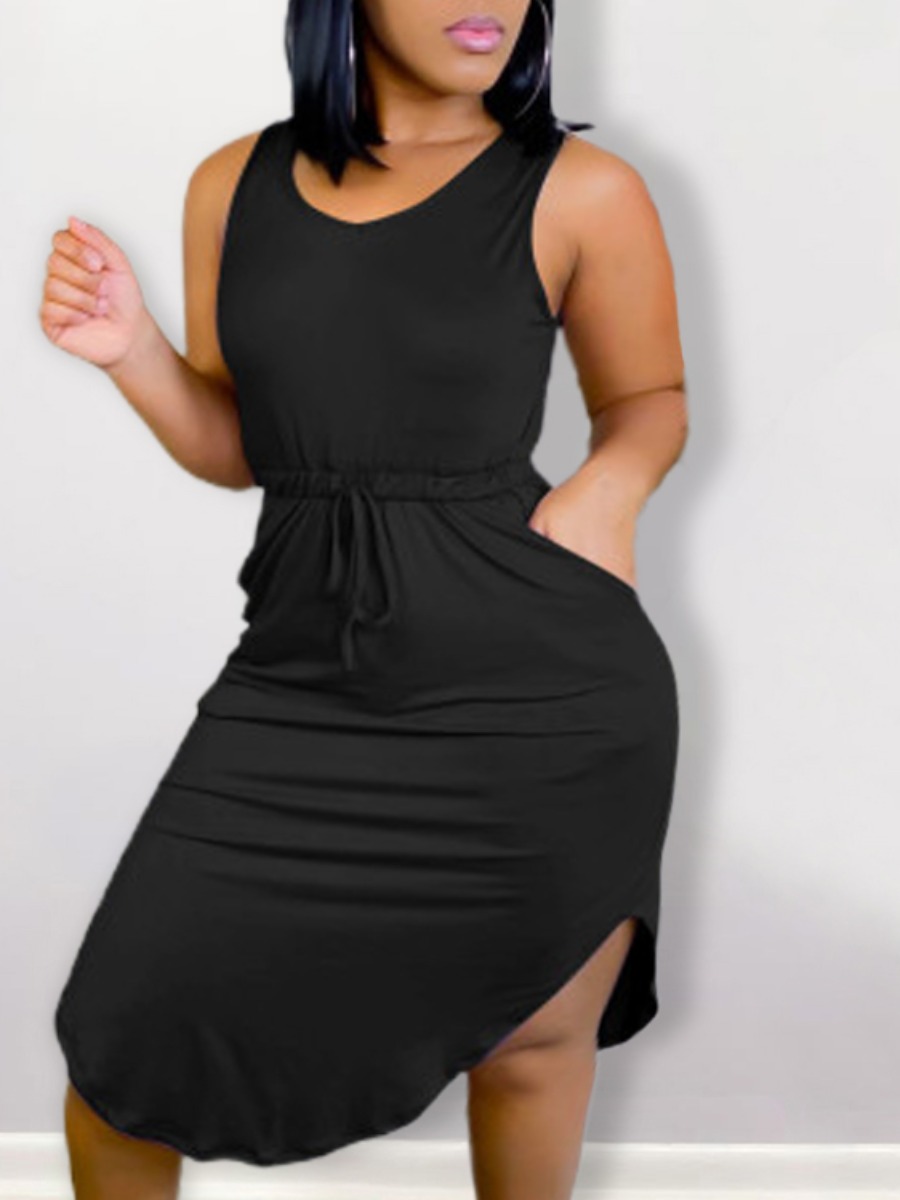 

LW Plus Size Casual O Neck Drawstring Black Knee Length Dress