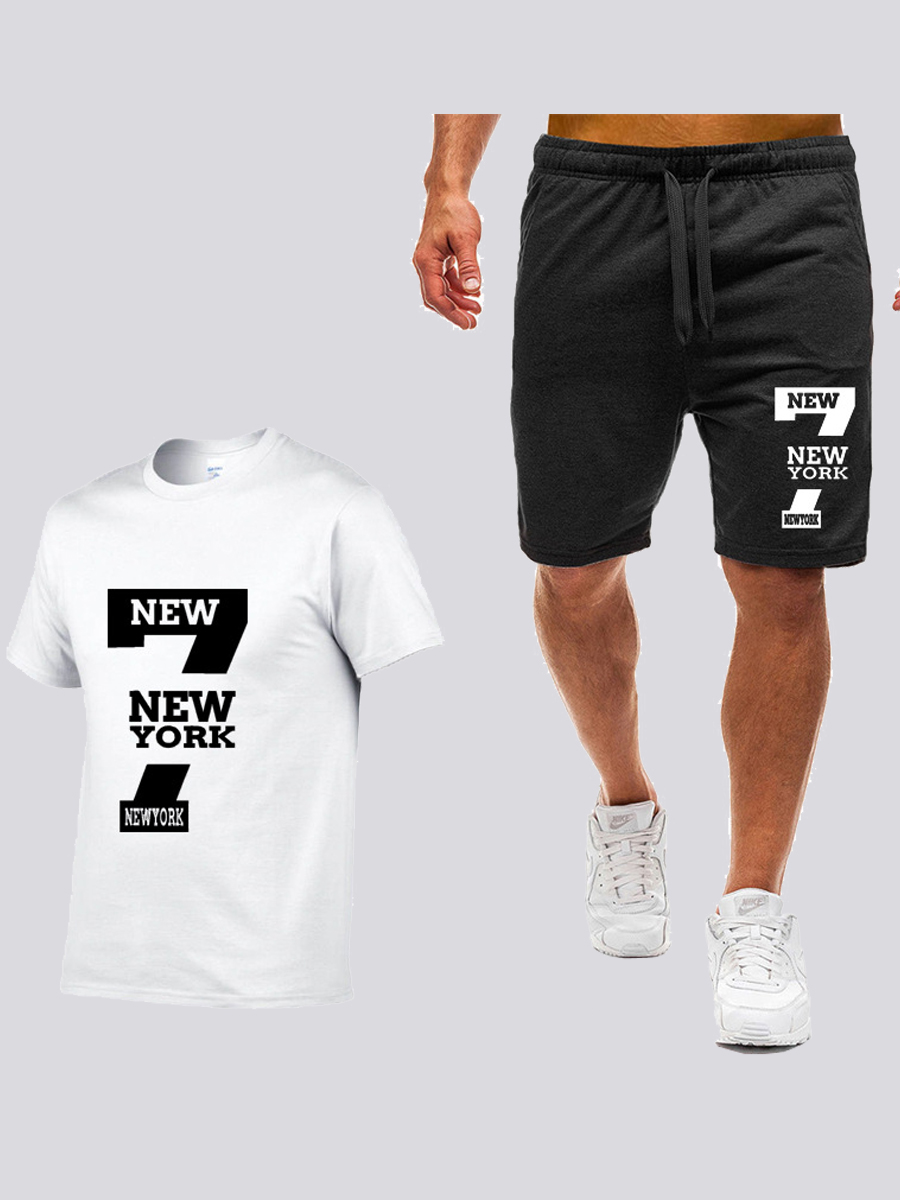 

Lovely Men Sporty Letter Print Drawstring Black Two Piece Shorts Set