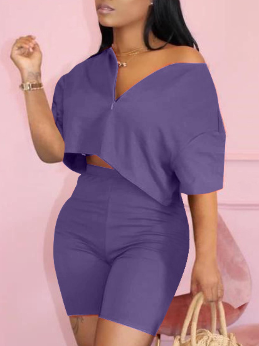 

Lovely Casual V Neck Elastic Purple Two Piece Shorts Set