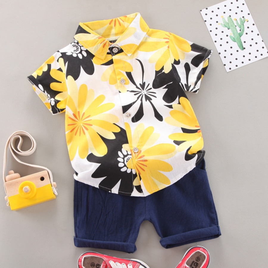 

Lovely Boy Boho Floral Print Patchwork Yellow Two Piece Shorts Set