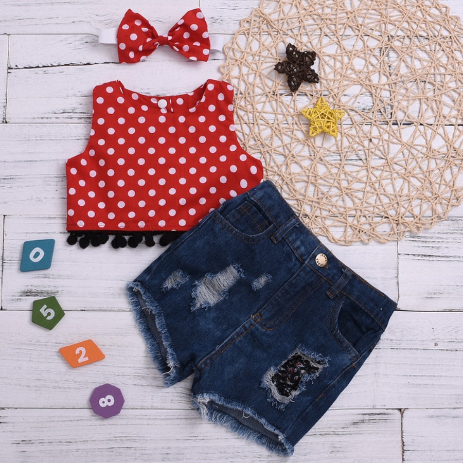 

Lovely Girl Casual Dot Print Tassel Design Ripped Dull Red Two Piece Shorts Set