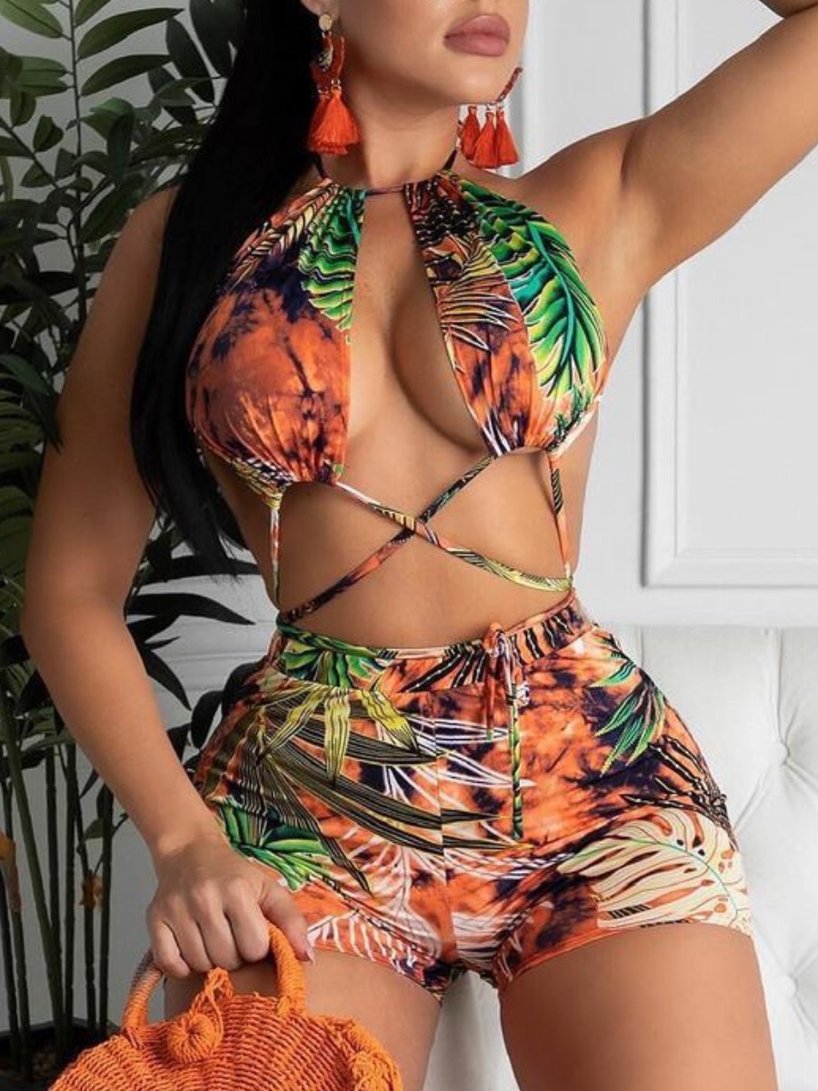 Lovely Boho Backless Floral Print Bandage Design Green Two Piece Shorts Set