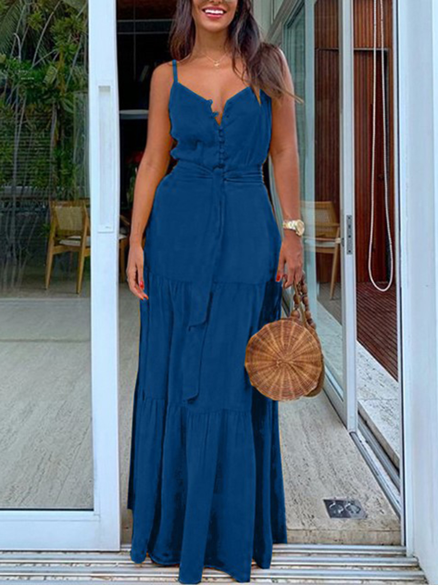 

Lovely Plus Size Casual Bandage Ruffle Design Blue Floor Length Dress