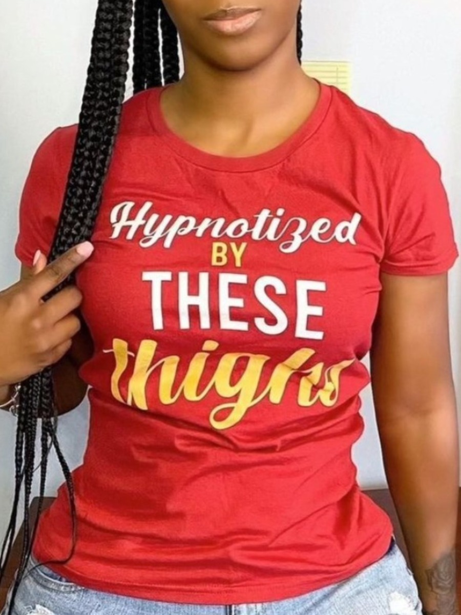

Lovely Plus Size Street O Neck Letter Print Red T-shirt