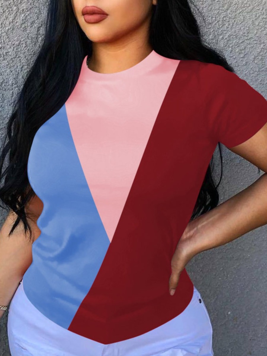 

Lovely Plus Size Street O Neck Color-lump Pink T-shirt