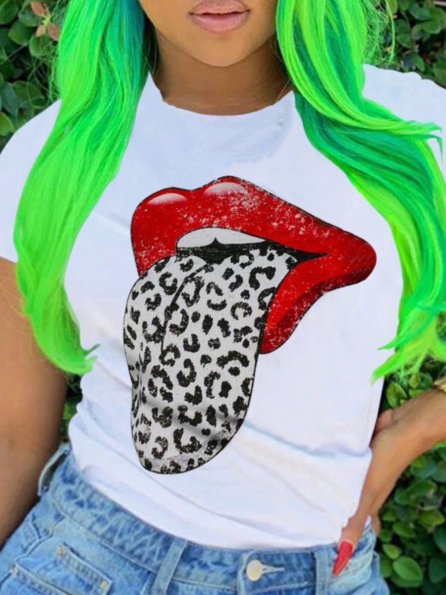 

Lovely Plus Size Casual Leopard Lip Print White T-shirt