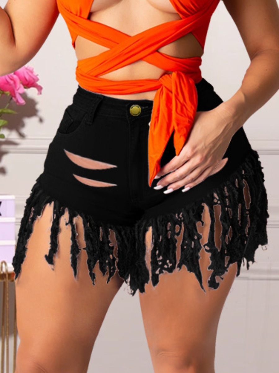

Lovely Street High-waisted Tassel Design Black Denim Shorts