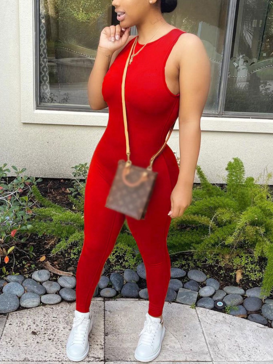 

LW Casual O Neck Basic Skinny Red One-piece Jumpsuit