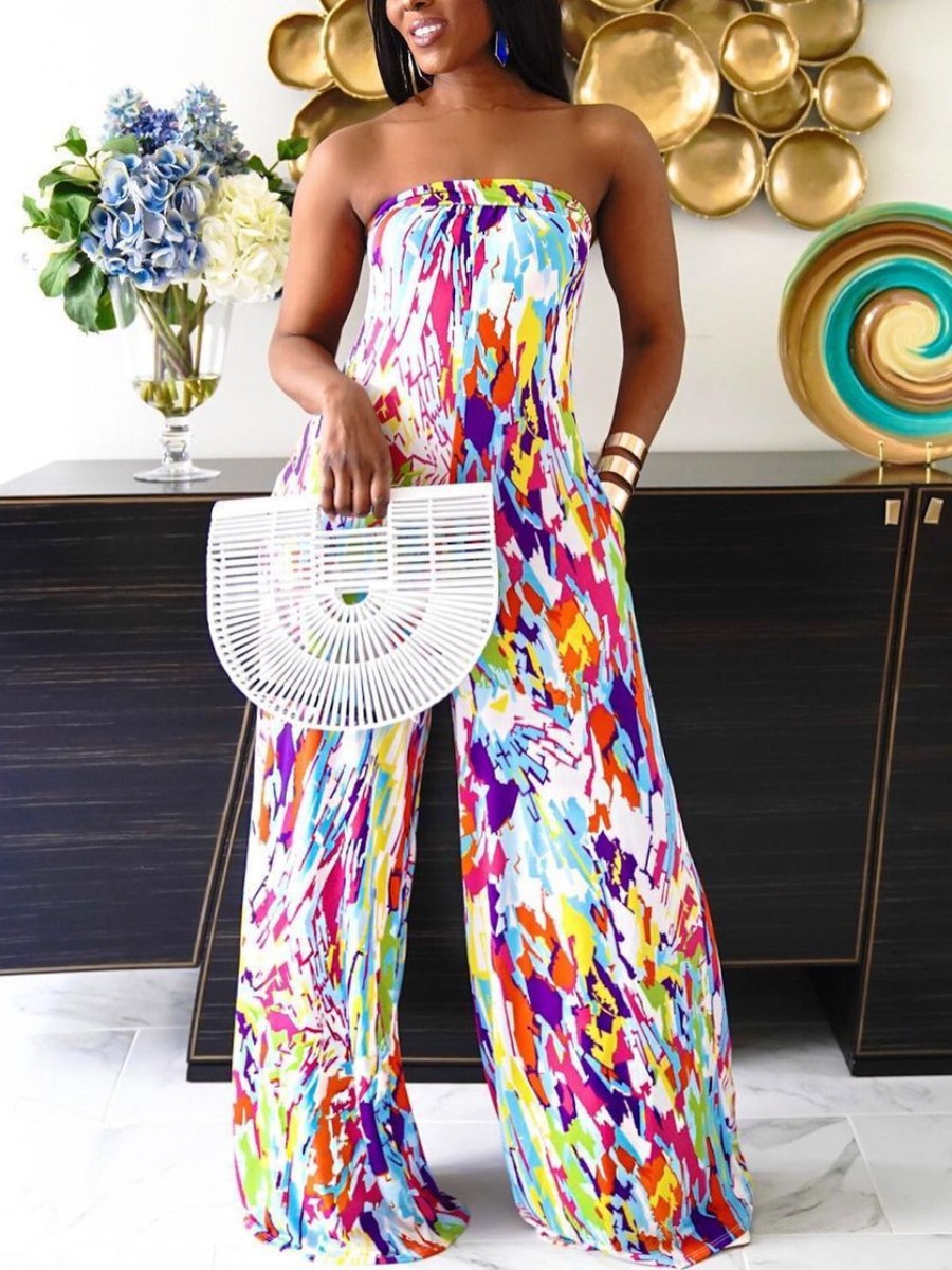 

LW BASICS Plus Size Street Off The Shoulder Print Multicolor One-piece Jumpsuit, Multi