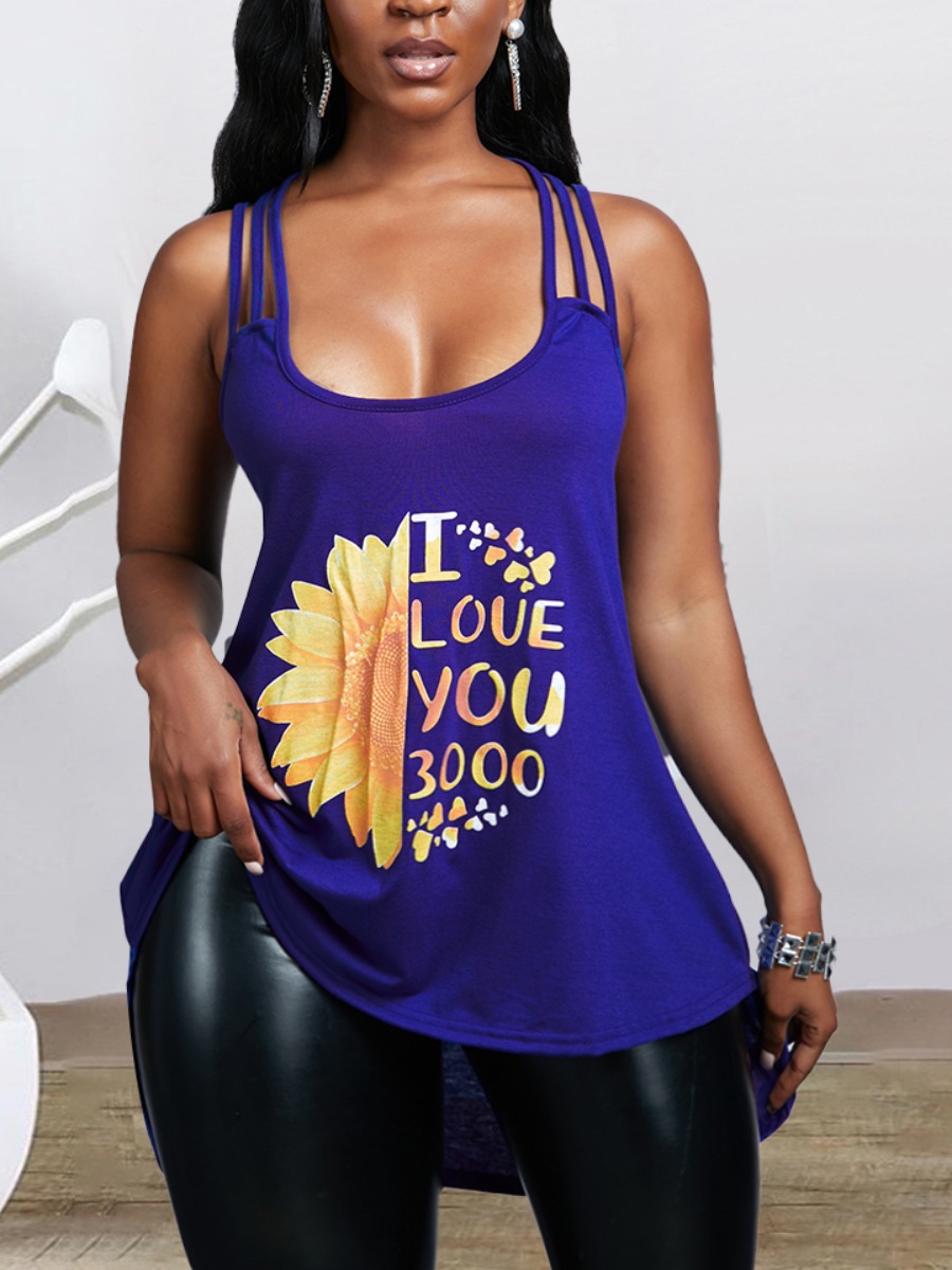 

Lovely Plus Size Sweet Floral Letter Print Blue Camisole